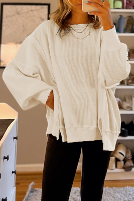 White Waffle Knit Bishop Sleeve Split Oversized Sweatshirt
