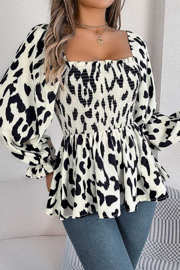 Square Neck Leopard Ruffle Top