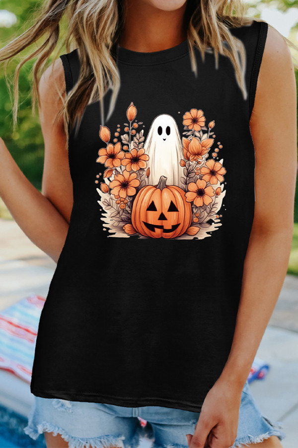 Ghost Pumpkin Floral Fall Halloween Print Tank Top