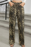 Leopard Print Denim Straight Jeans