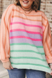 Pink Stripe Color Block Balloon Sleeve Crewneck Plus Size Sweater