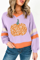 Orchid Bouquet Floral Pumpkin Color Block V Neck Drop Shoulder Sweatshirt