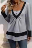 Grey Colorblock V Neck Top