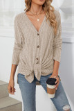 Ribbed Knitting Button Up V Neck Shirt
