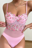 Pink Flower Embroidery Lace Bodysuit