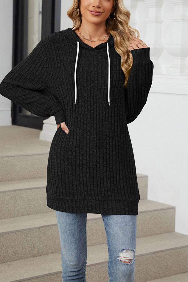 Ribbed Knitting Drawstring Hoodie