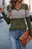 Colorblock V Neck Long Sleeves Top
