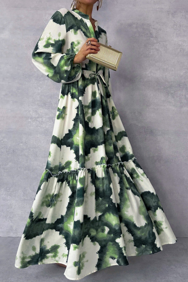 Green Puff Sleeves Elastic Waist Maxi Dress