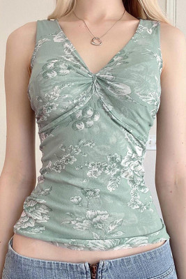 Green Twist Knot Floral Tank Top
