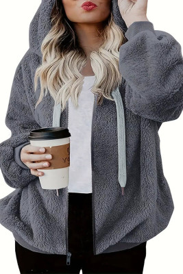Plus Size Grey Zipper Hooded Sweatshirt Fleece Coat