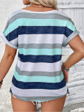 Dullimo Plus Size Women's Striped V-Neck Short Sleeve T-Shirt