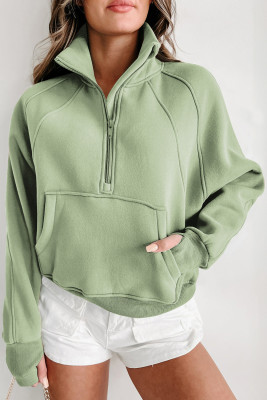 Smoke Green Fleece Lined Zip Up Stand Collar Thumbhole Sleeve Sweatshirt