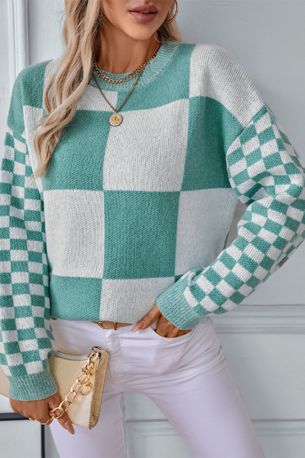 Checked Colorblock Knitting Sweater