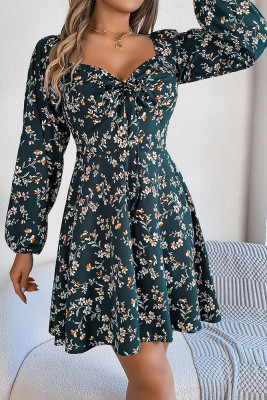 Square Neck Flower Printed Mini Dress