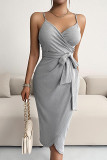 Grey Spaghetti Split Tie Waist Dress