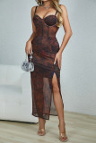 Fishbone See Through Mesh Spaghetti Dress