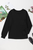 Black Solid Color Corded Drop Shoulder Long Sleeve Top