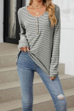 Stripes Button Long Sleeves Henley Top