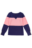 Blue Stripe Colorblock Button Decor Long Sleeve V Neck Top