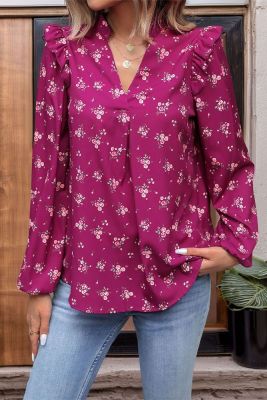 Rosy V Neck Puff Sleeves Floral Blouse