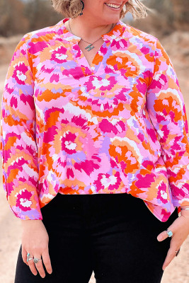 Pink Plus Size Abstract Floral Print V Neck Blouse