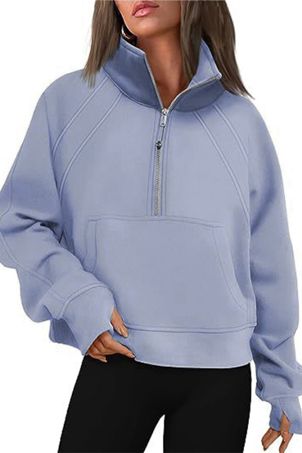 Plain Zipper Stand Collor Kangaroo Pockets Sweatshirt