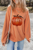 Orange Sequined Pumpkin Ribbed Round Neck Halloween Sweatshirt