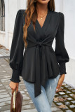 Puff Sleeves V Neck Bowknot Top