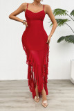 Red Spaghetti Ruffle Mesh Dress