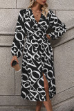 Black Letter Print Button Up Shirt Dress