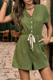Green SHort Sleeves Button Up One Piece Romper
