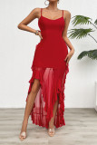 Red Spaghetti Ruffle Mesh Dress