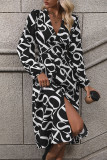 Black Letter Print Button Up Shirt Dress