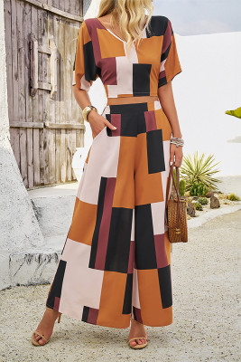 Colorblock Crop Top and Wide Leg Pants Set