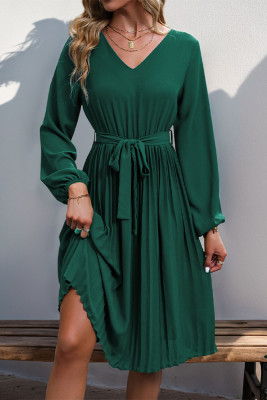 Green V Neck Puff Sleeves Smocked Dress
