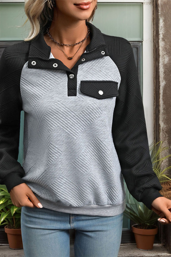 Stand Collar Colorblock Textured Sweatshirt