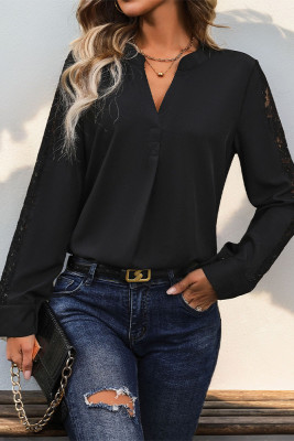 Black V Neck Lace Sleeves Blouse
