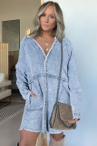 Beau Blue Mineral Wash Long Sleeve Button Up Raw Hem Pocketed Denim Dress