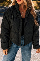 Black Checkerboard Full Zipper Puffer Jacket