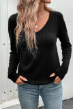 Black V Neck Ribbed Knitting Sweater