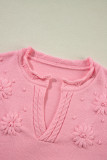 Peach Blossom Flower Detail Knitted Notched Neck Sweater