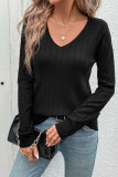 Black V Neck Ribbed Knitting Sweater