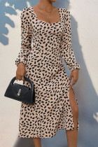 Square Neck Leopard Puff Sleeves Dress