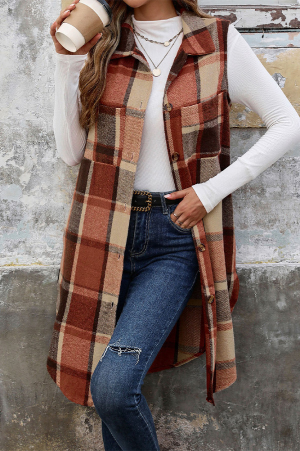 Sleeveless Plaid Long Vest Coat