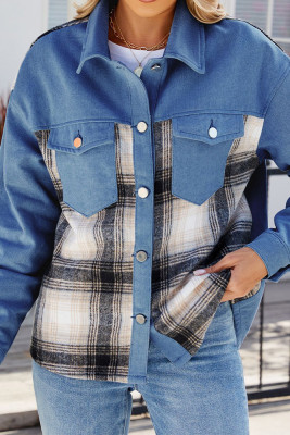 Patchwork Plaid Denim Jacket with Pockets