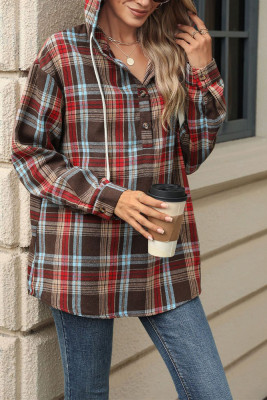 Drawstring Plaid Hooded Sweatshirt