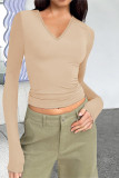 Plain V Neck Long Sleeves Slim Fit Top