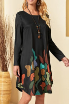 Black Ruffle Printed Long Sleeves Dress