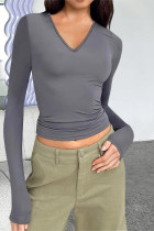 Plain V Neck Long Sleeves Slim Fit Top