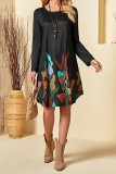 Black Ruffle Printed Long Sleeves Dress